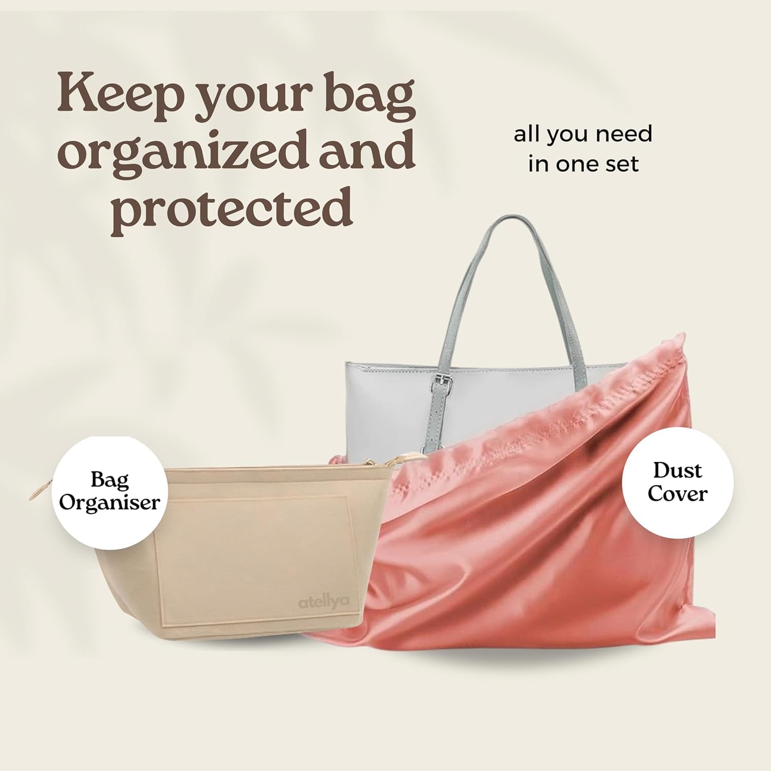 Atellya Purse Organizer Insert for Longchamp Le Pliage L with Satin Dust Cover Bag Handbag Insert Felt Long Champ Tote Bag Organizer Full Zip Melbourne Cream