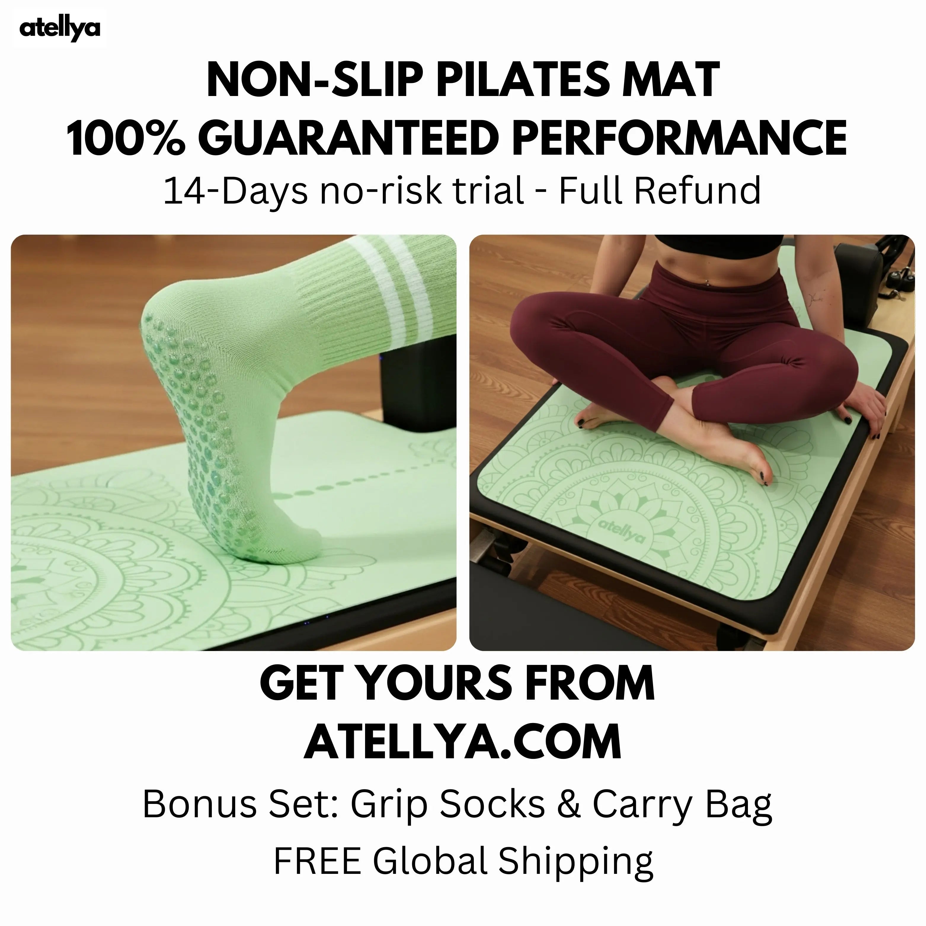 Atellya Boston Green Pilates Reformer Mat Set – Non-Slip Pilates Mat + Grip Socks with Carry Bag Atellya