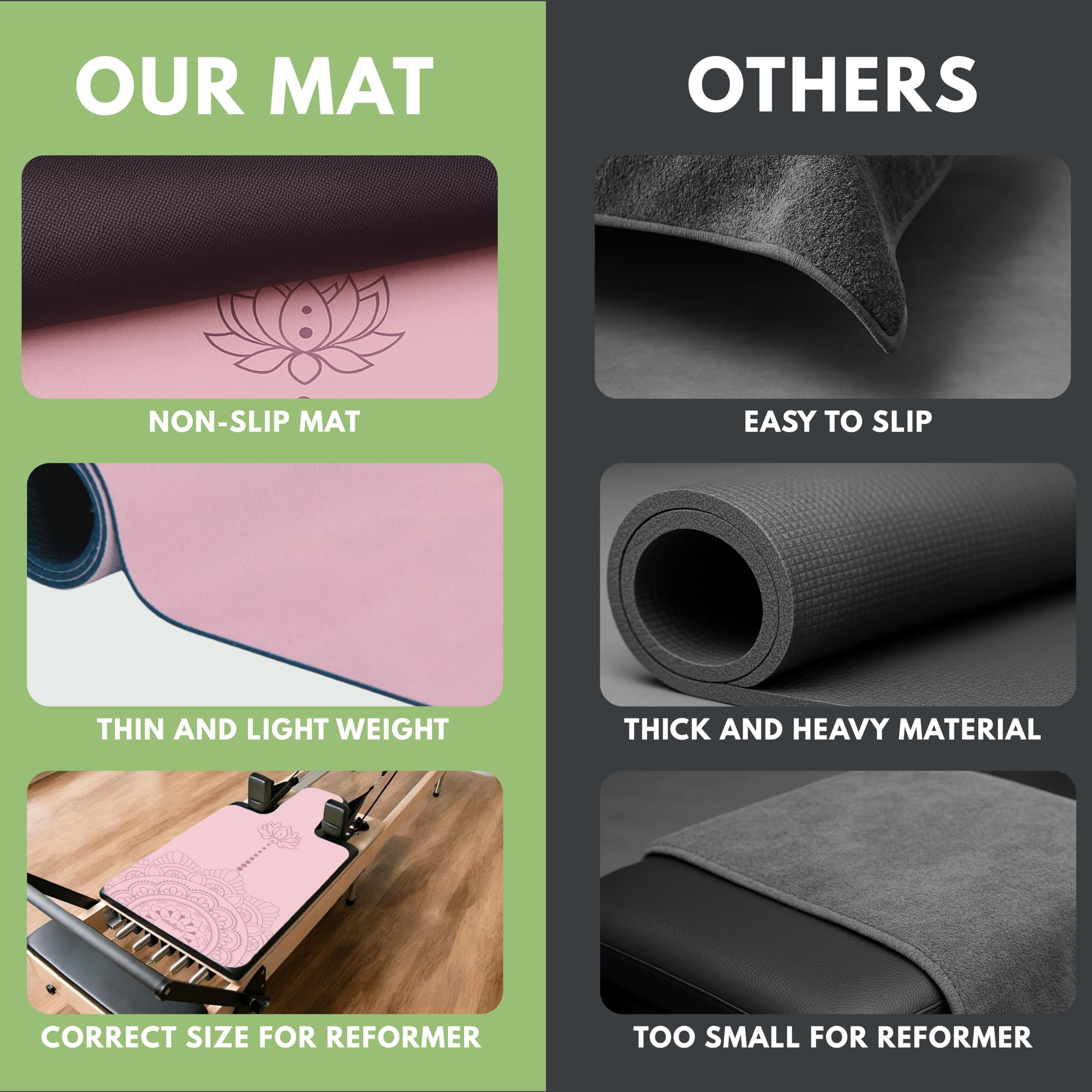 Atellya Pilates Reformer Mat,  Yoga Mat Set with Grip Socks & Mesh Bag – Lightweight Non Slip Design - Sydney Pink