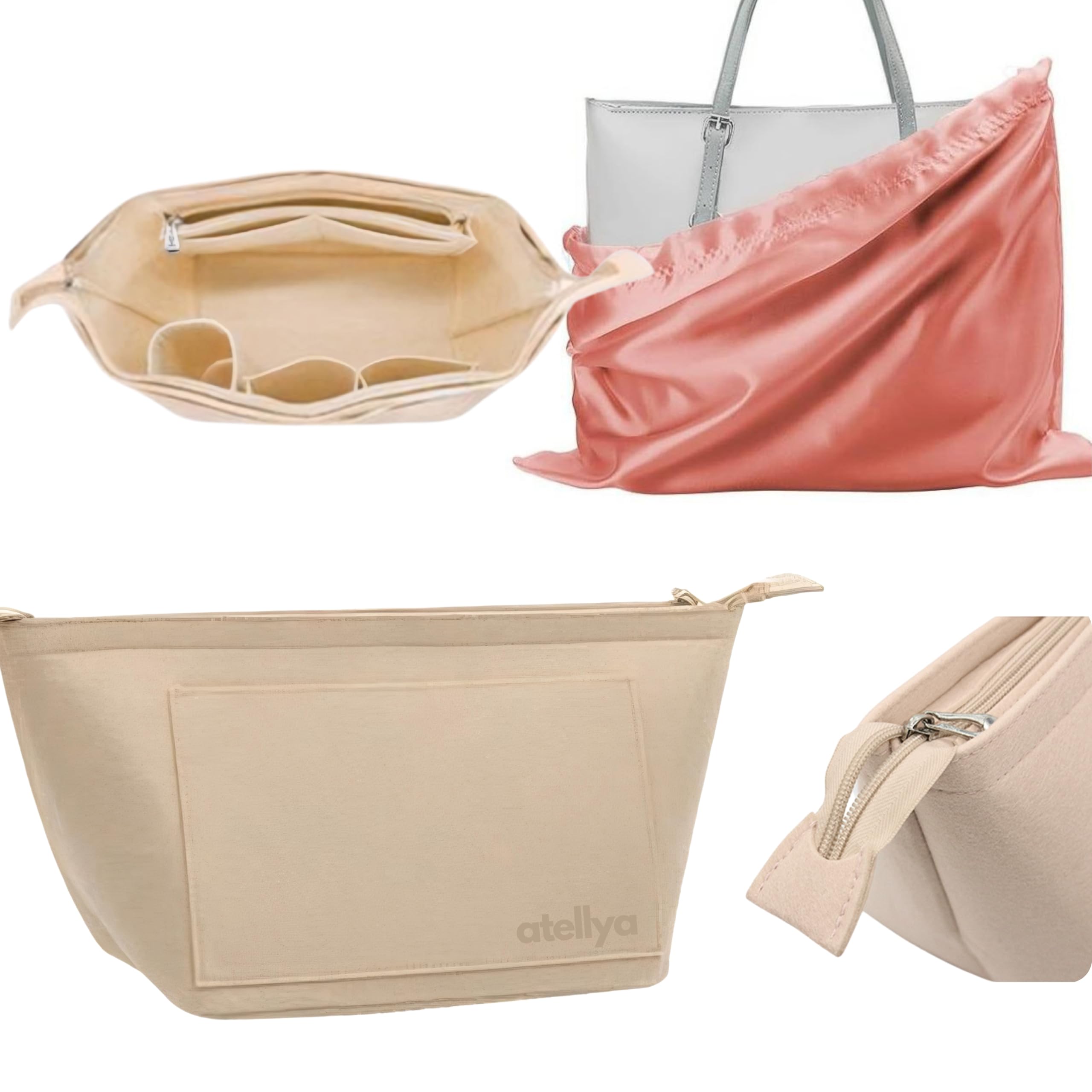 Atellya Purse Organizer Insert for Longchamp Le Pliage L with Satin Dust Cover Bag Handbag Insert Felt Long Champ Tote Bag Organizer Full Zip Melbourne Cream