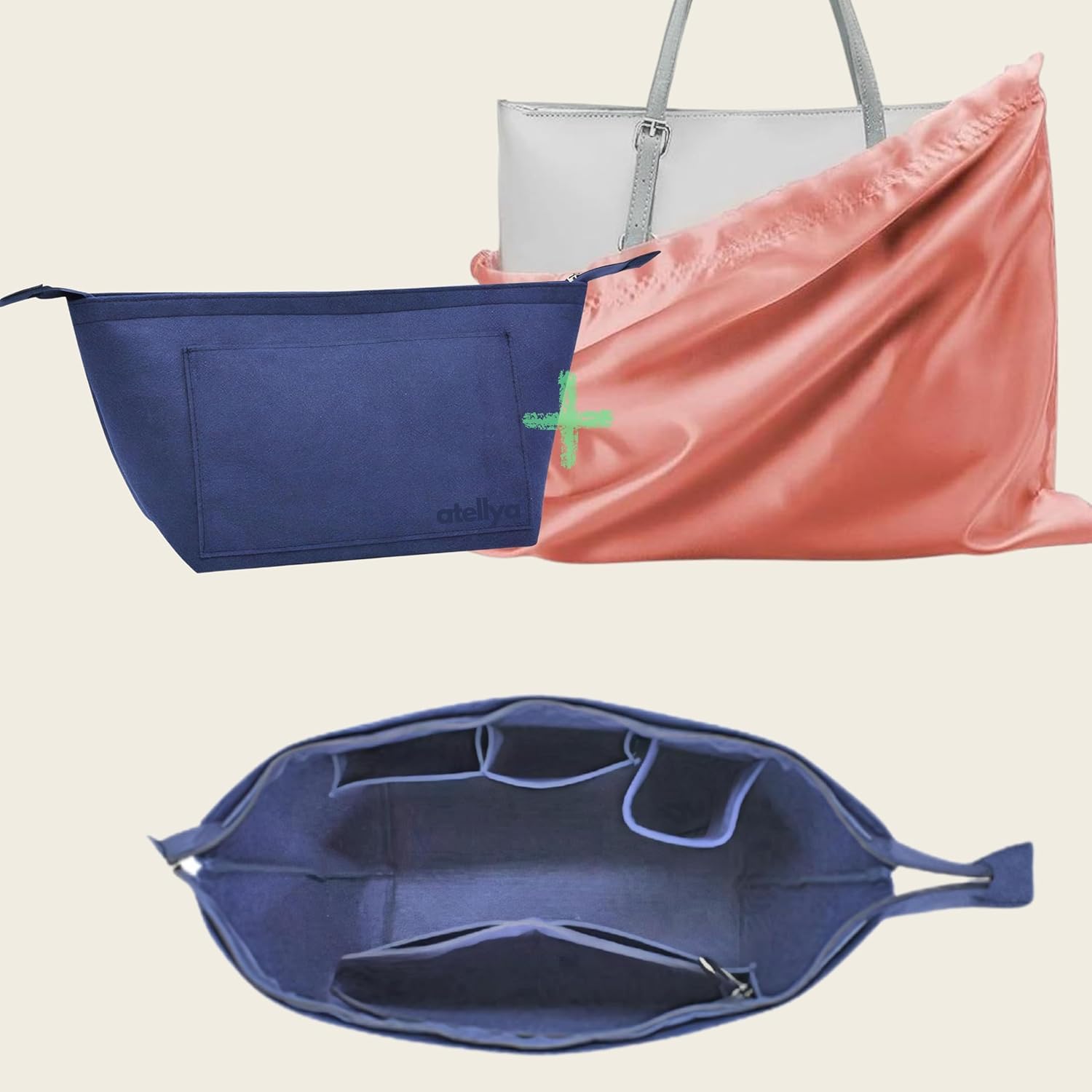 Atellya Purse Organizer Insert for Longchamp Le Pliage L with Satin Dust Cover Bag Handbag Insert Felt Long Champ Tote Bag Organizer Full Zip Sydney Blue