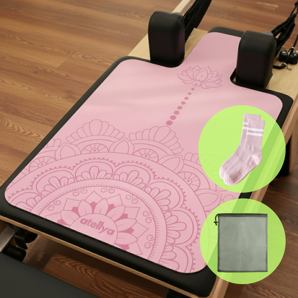 Atellya Pilates Reformer Mat,  Yoga Mat Set with Grip Socks & Mesh Bag – Lightweight Non Slip Design - Sydney Pink