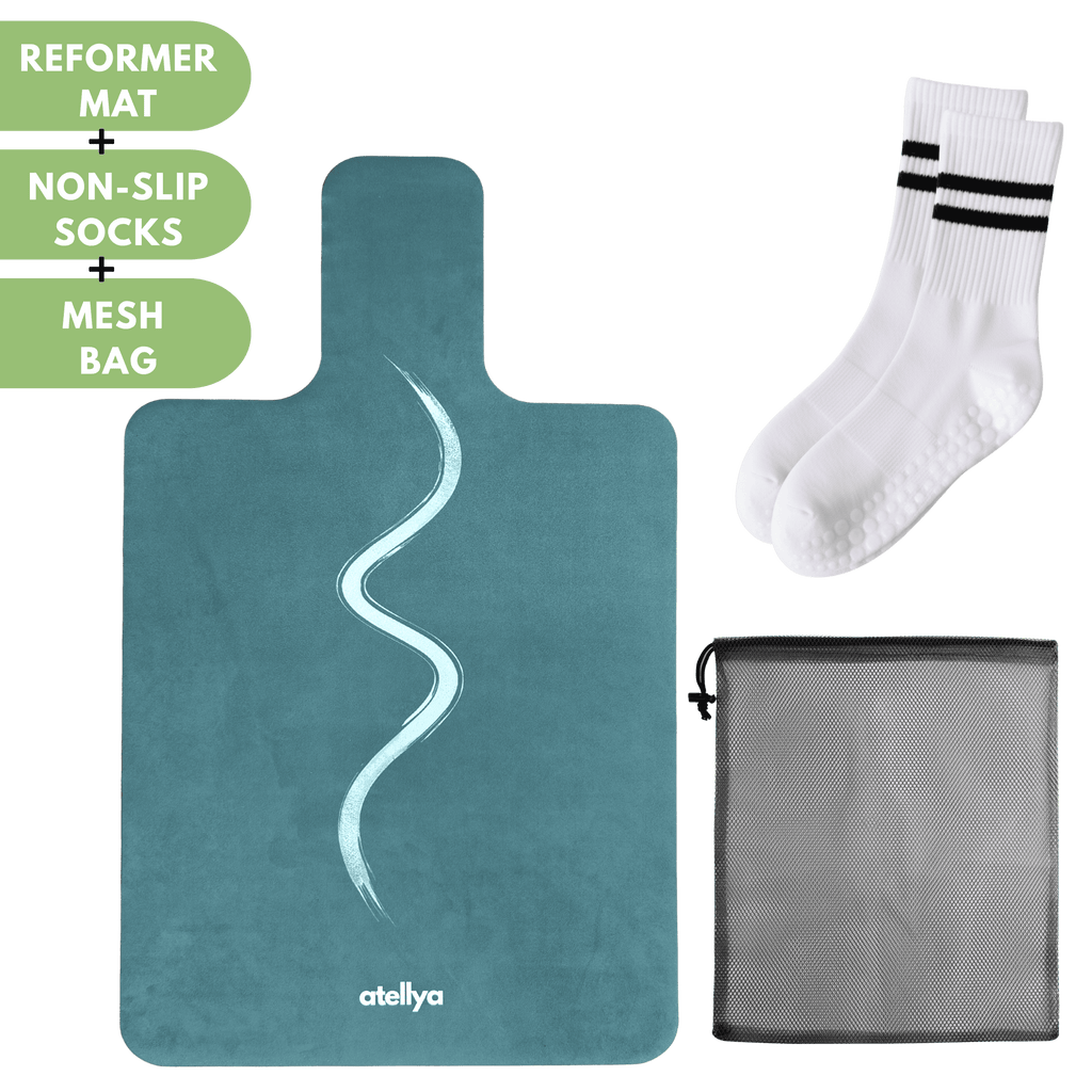 Atellya Florida S Green Pilates Reformer Mat Set – Non-Slip Pilates Mat + Grip Socks with Carry Bag Atellya