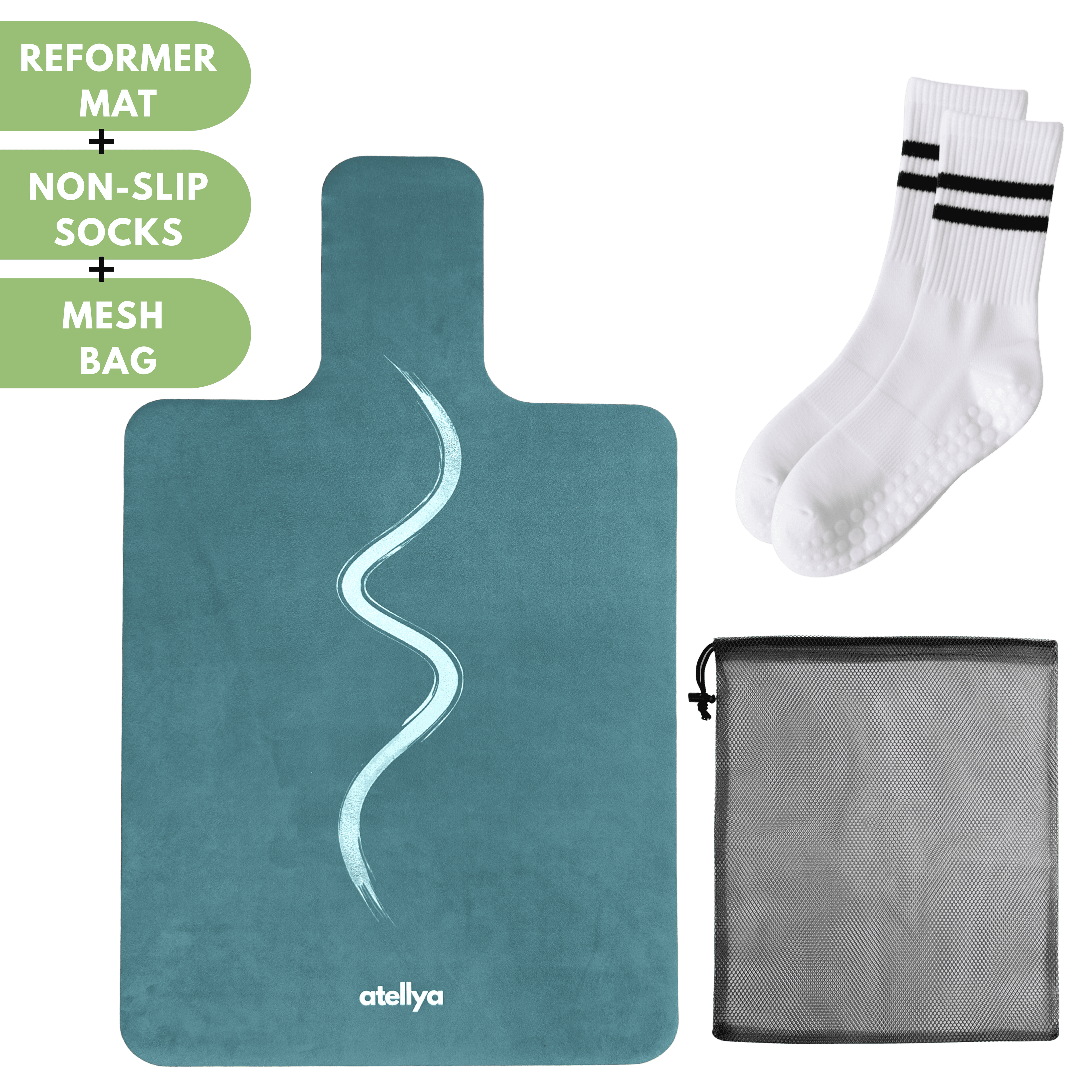 Atellya Florida S Green Pilates Reformer Mat Set – Non-Slip Pilates Mat + Grip Socks with Carry Bag Atellya