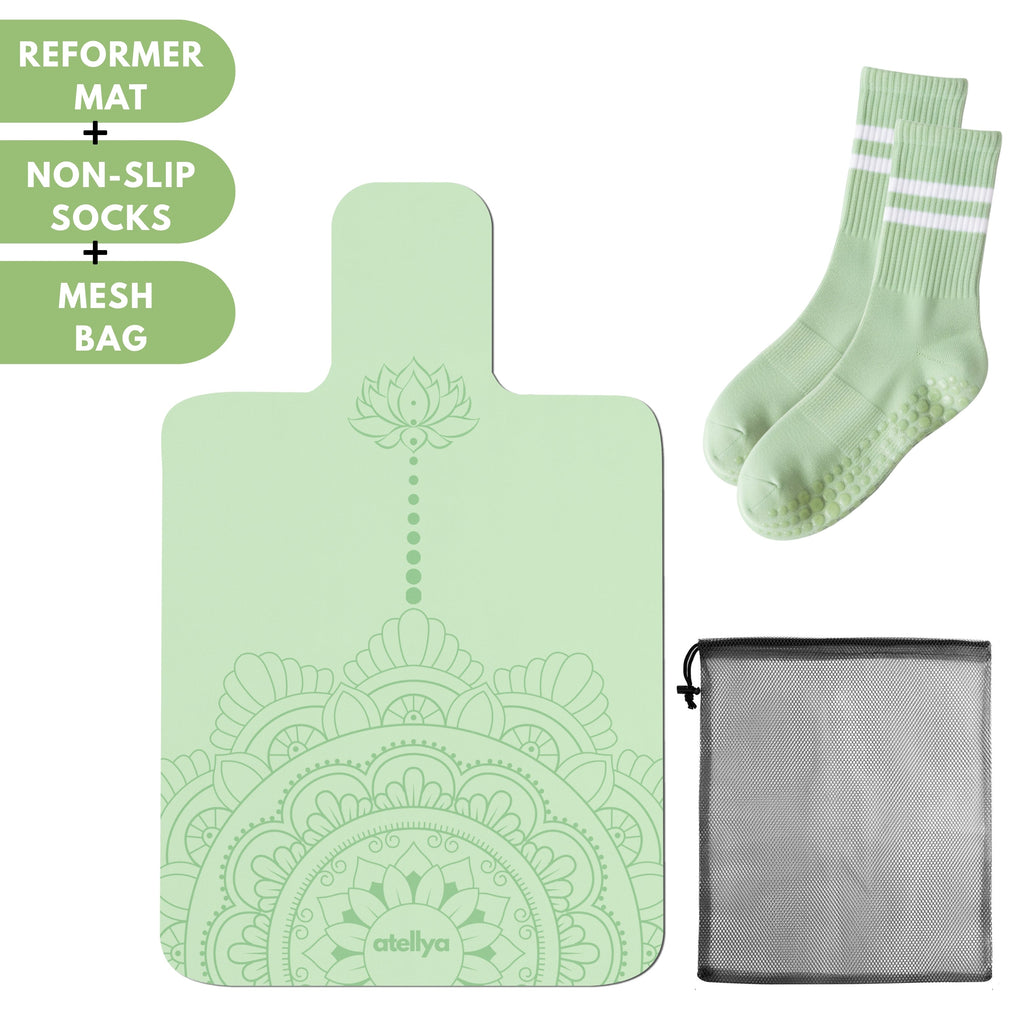 Atellya Boston Green Pilates Reformer Mat Set – Non-Slip Pilates Mat + Grip Socks with Carry Bag Atellya