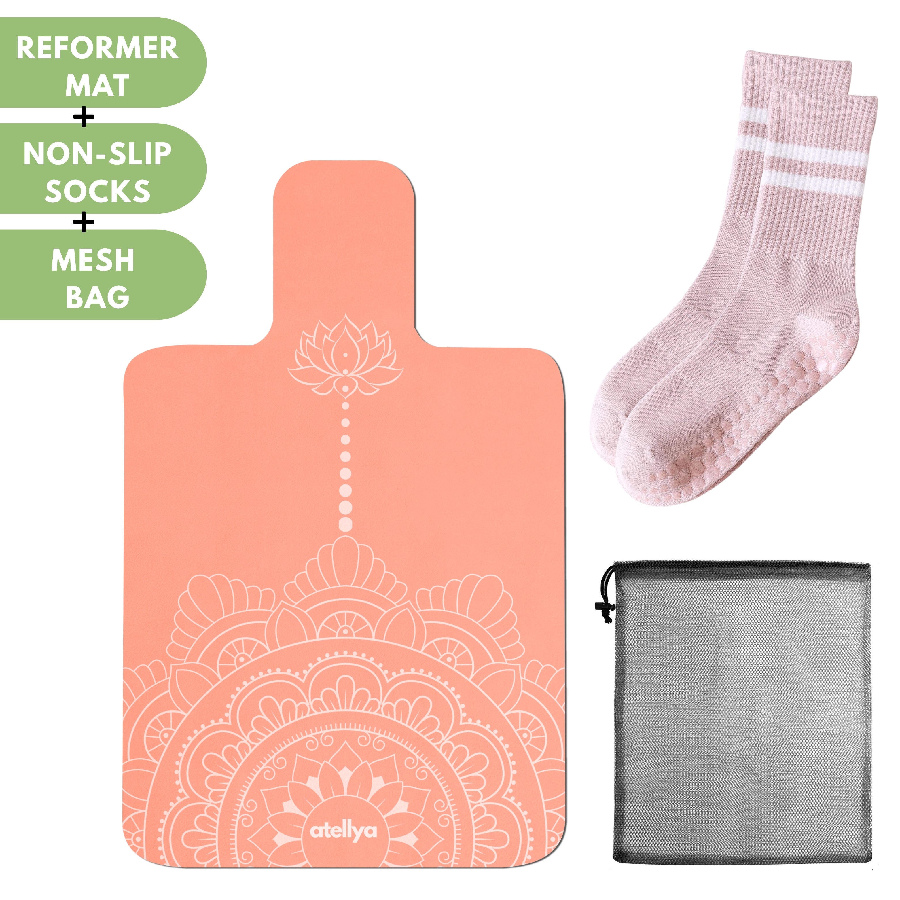 Atellya California Coral Pilates Reformer Mat Set – Non-Slip Pilates Mat + Grip Socks with Carry Bag Atellya