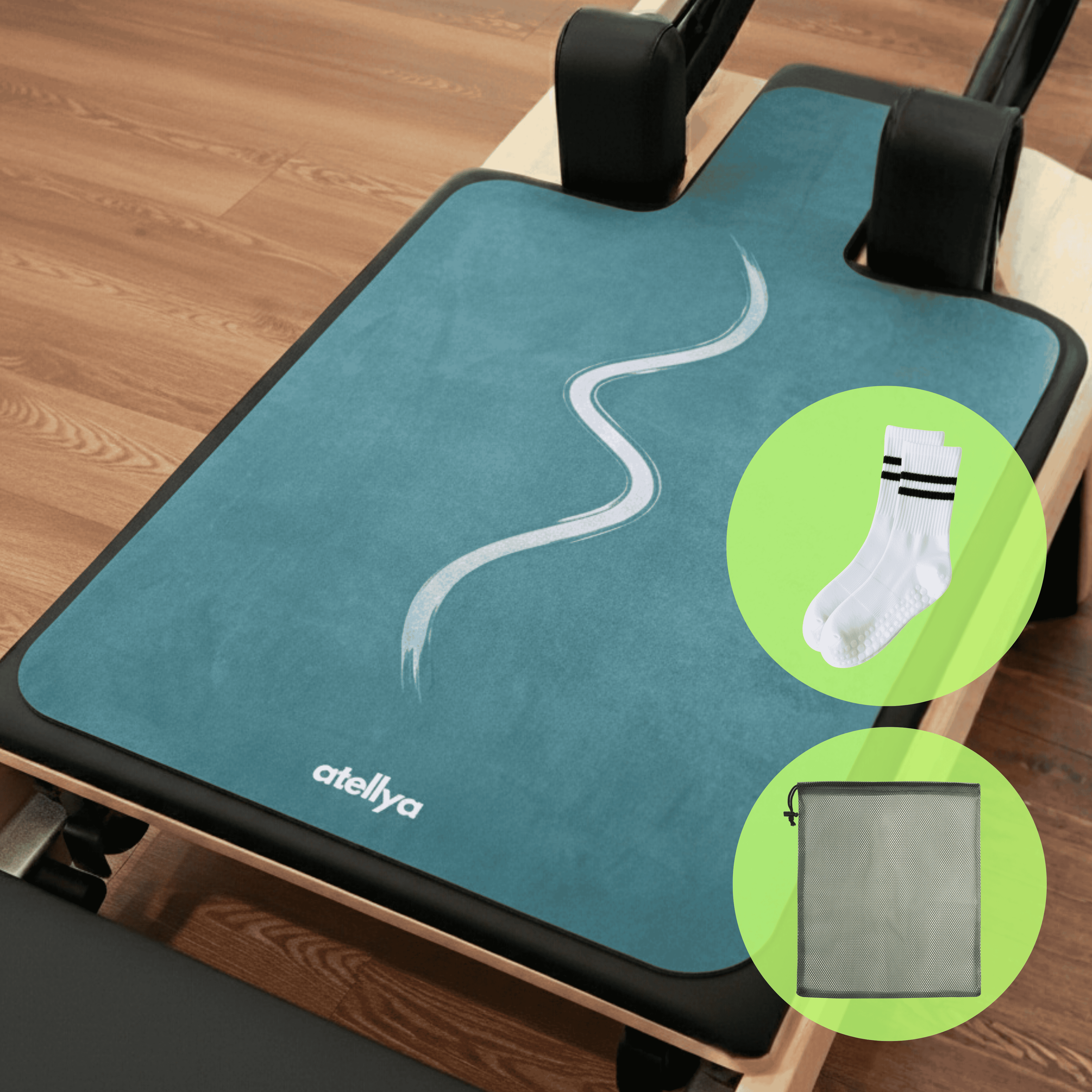 Atellya Florida S Green Pilates Reformer Mat Set – Non-Slip Pilates Mat + Grip Socks with Carry Bag Atellya