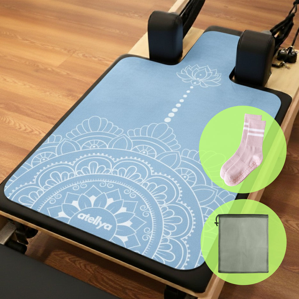 Atellya Pilates Reformer Mat,  Yoga Mat Set with Grip Socks & Mesh Bag – Lightweight Non Slip Design - Melbourne Blue