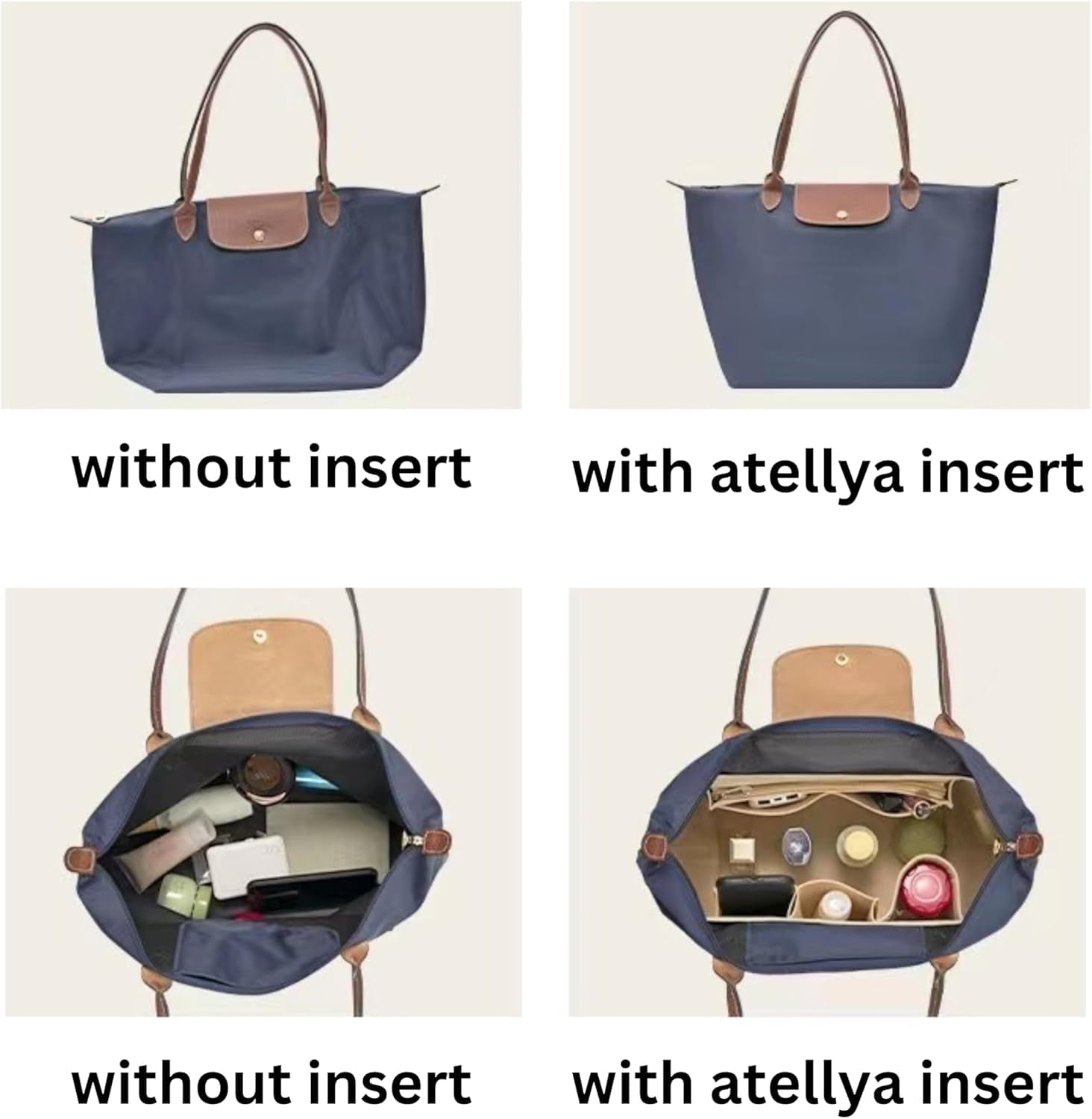 Atellya Purse Organizer Insert for Longchamp Le Pliage L with Satin Dust Cover Bag Handbag Insert Felt Long Champ Tote Bag Organizer Full Zip Melbourne Cream